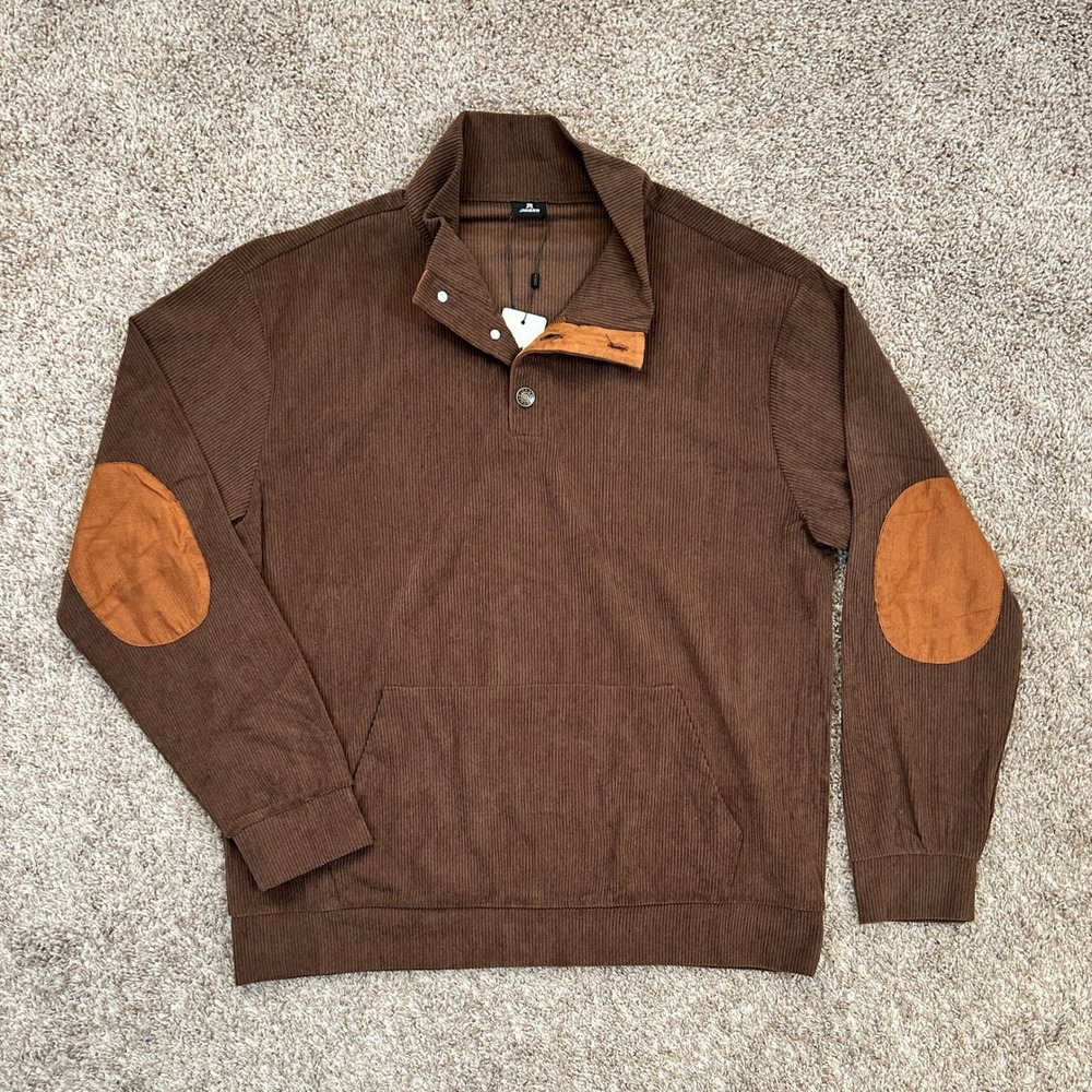 JMIERR Men Corduroy Snap Neck Pullover Sweater I Brown Suede Elbow Patches I Med